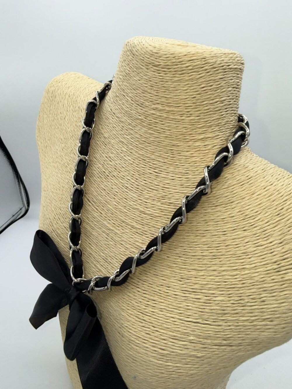 Black Ribbon Silver Tone Chain Bow Statement Necklace - Picture 7 of 8